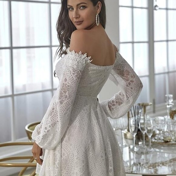 White Lace & Eyelet Lace Up Front Long Puff Sleeve Baby Doll Mini Dress Sz L - Picture 12 of 12